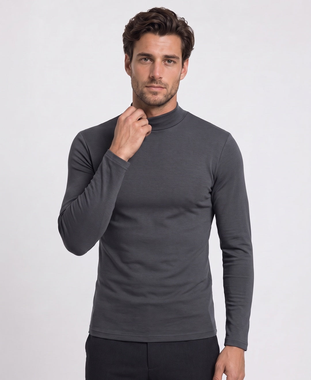 Men's thermal mock-neck base layer top in dark grey, front view