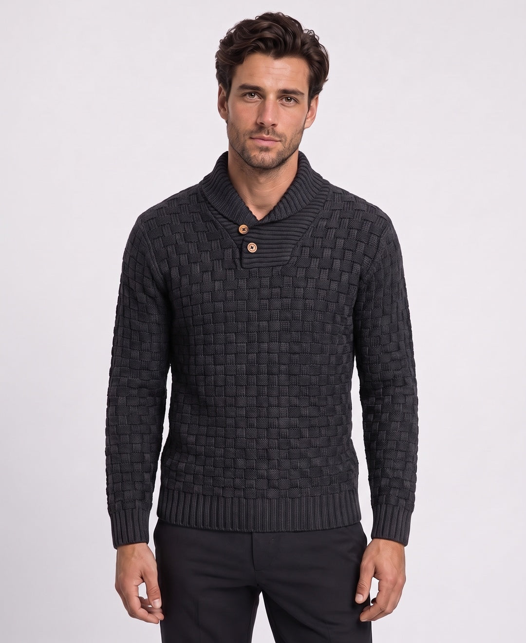Men's chunky shawl-collar knit sweater in dark grey, front view