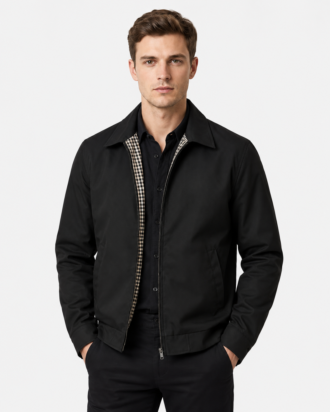 Men Check Lined Harrington Jacket Zip