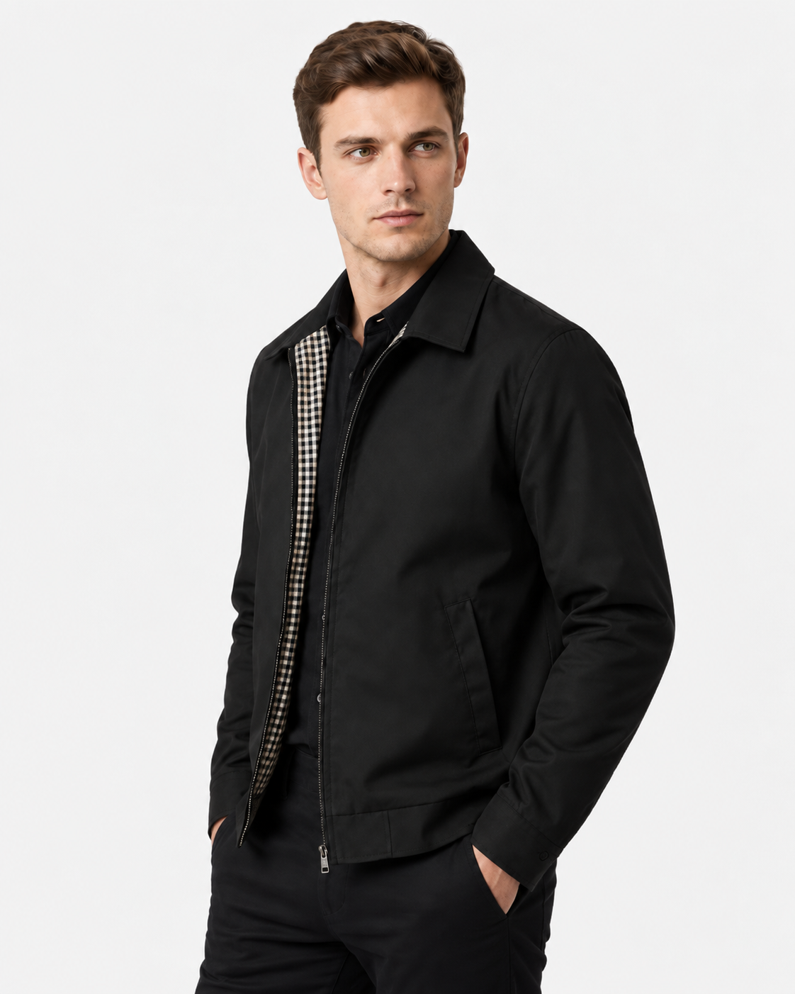 Men Check Lined Harrington Jacket Zip