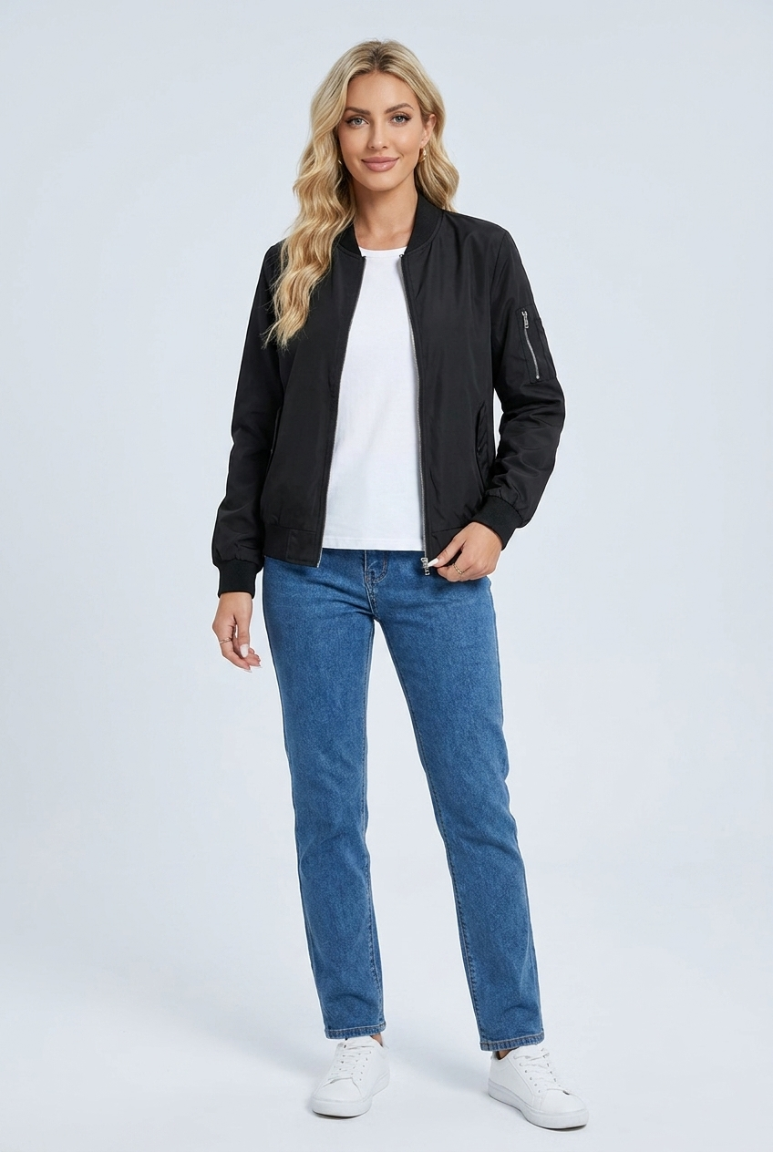 Womens zip up bomber jacket black front