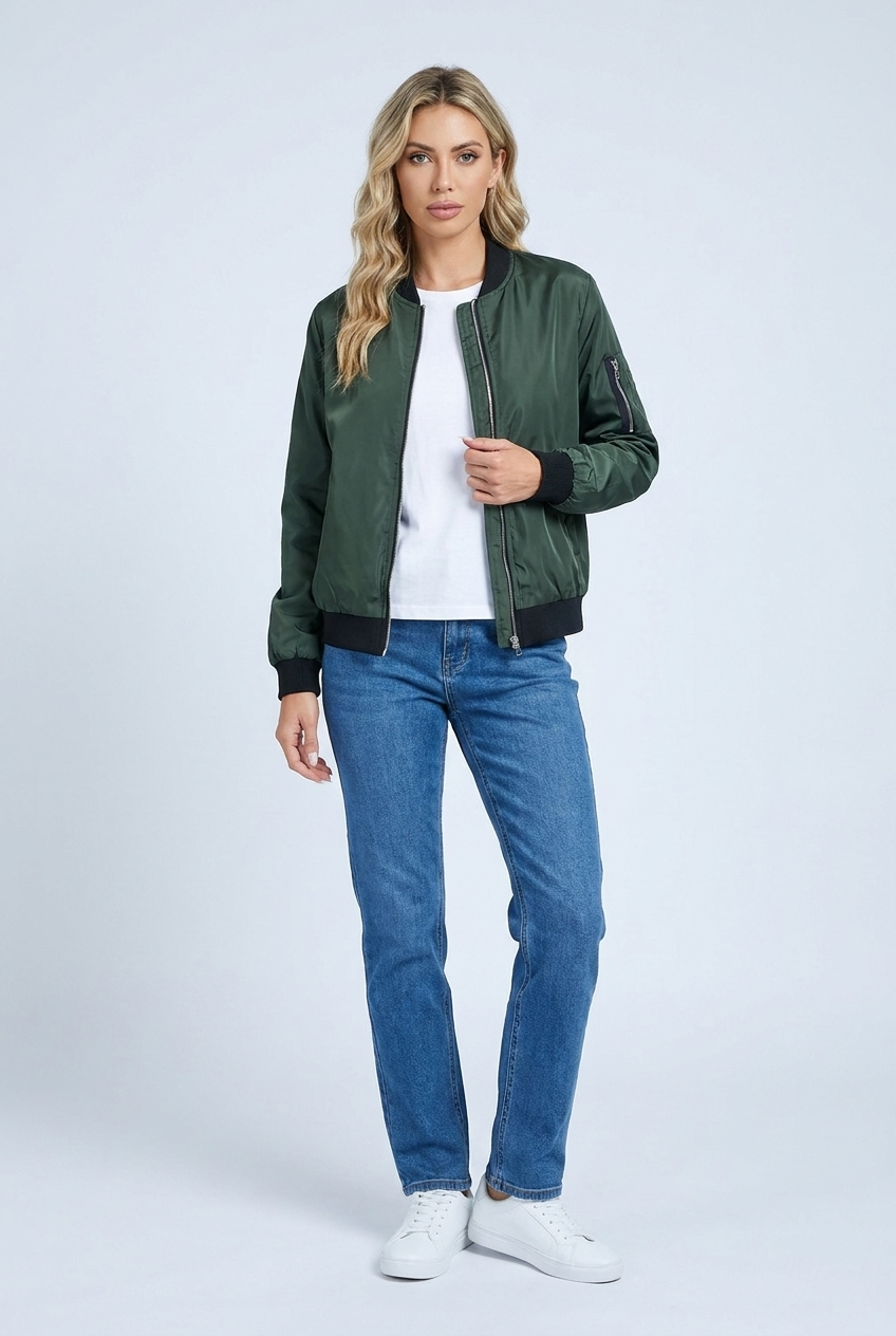 Womens zip up bomber jacket green front