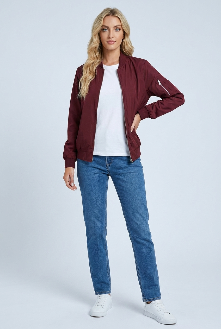 Womens zip up bomber jacket burgundy front