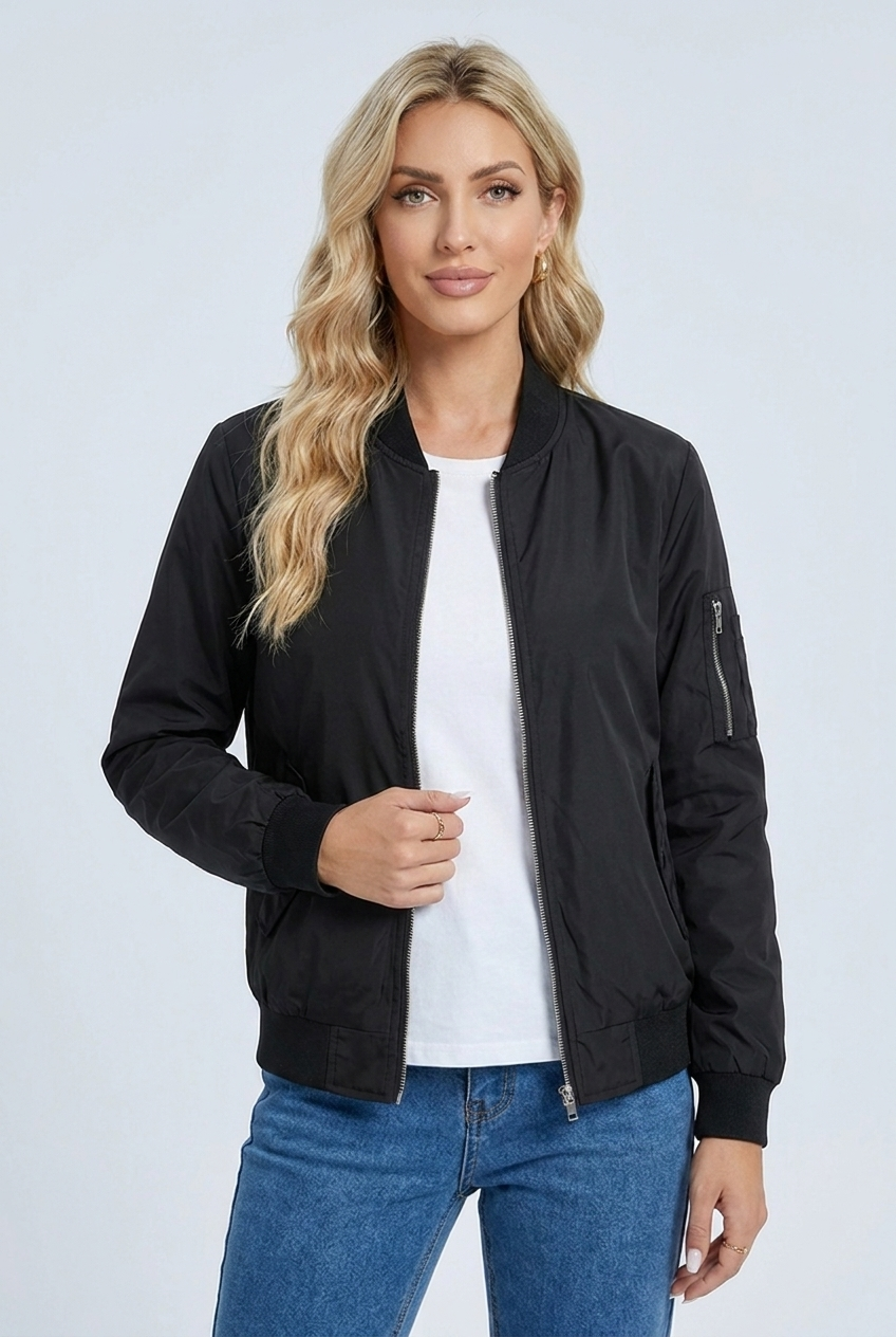 Womens zip up bomber jacket black hero