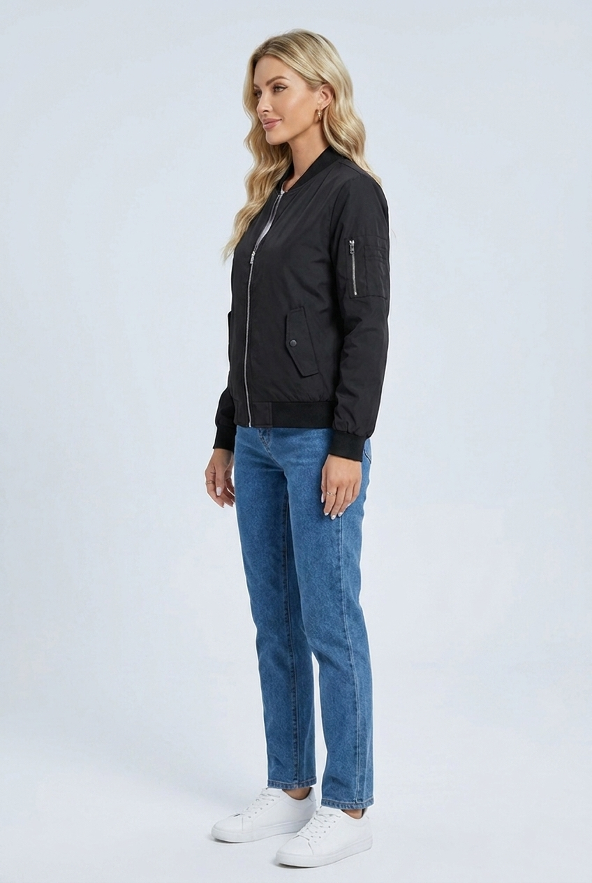 Womens zip up bomber jacket black side