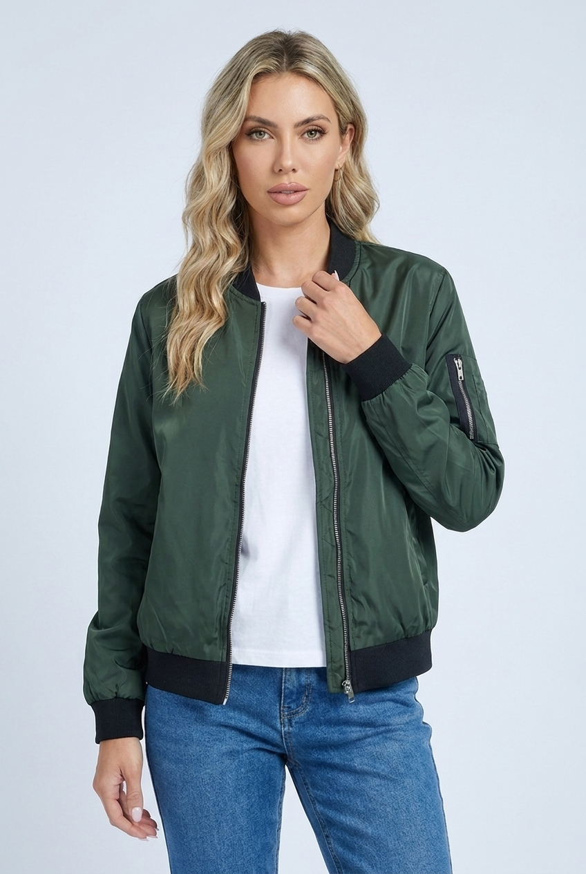 Womens zip up bomber jacket green hero