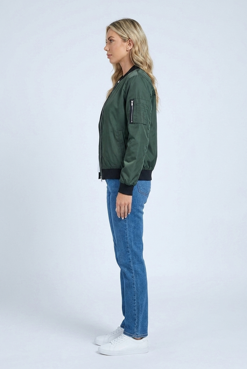 Womens zip up bomber jacket green side