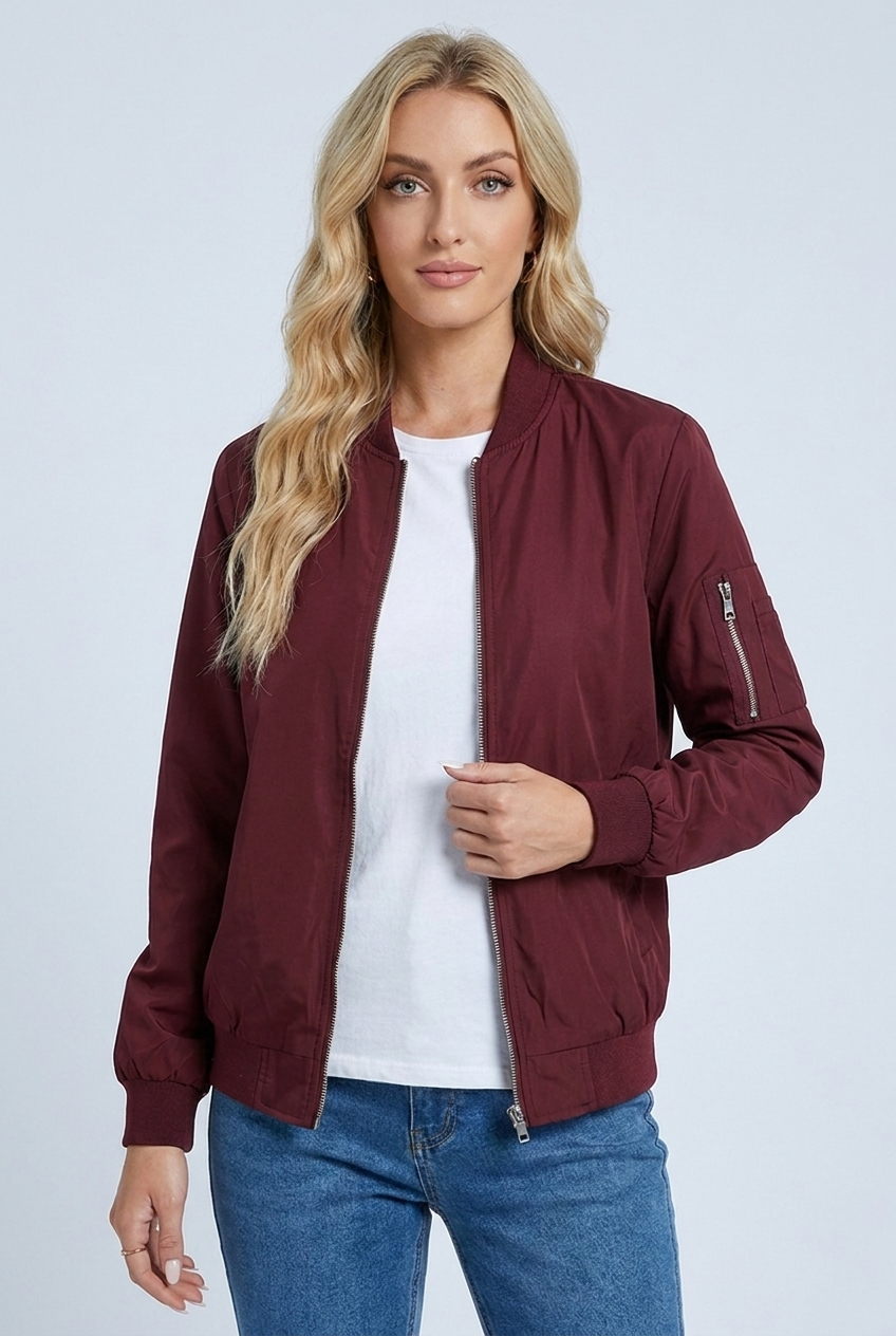Womens zip up bomber jacket burgundy hero