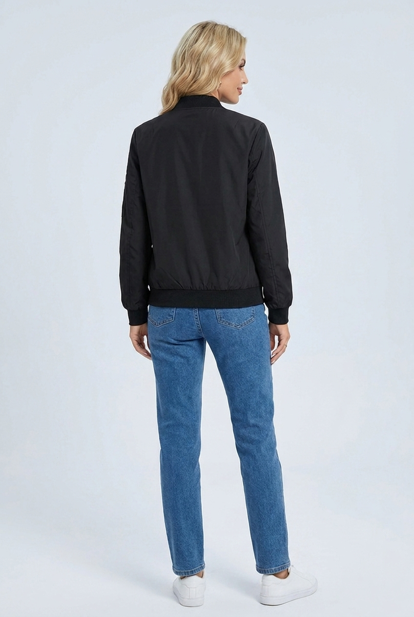 Womens zip up bomber jacket black back