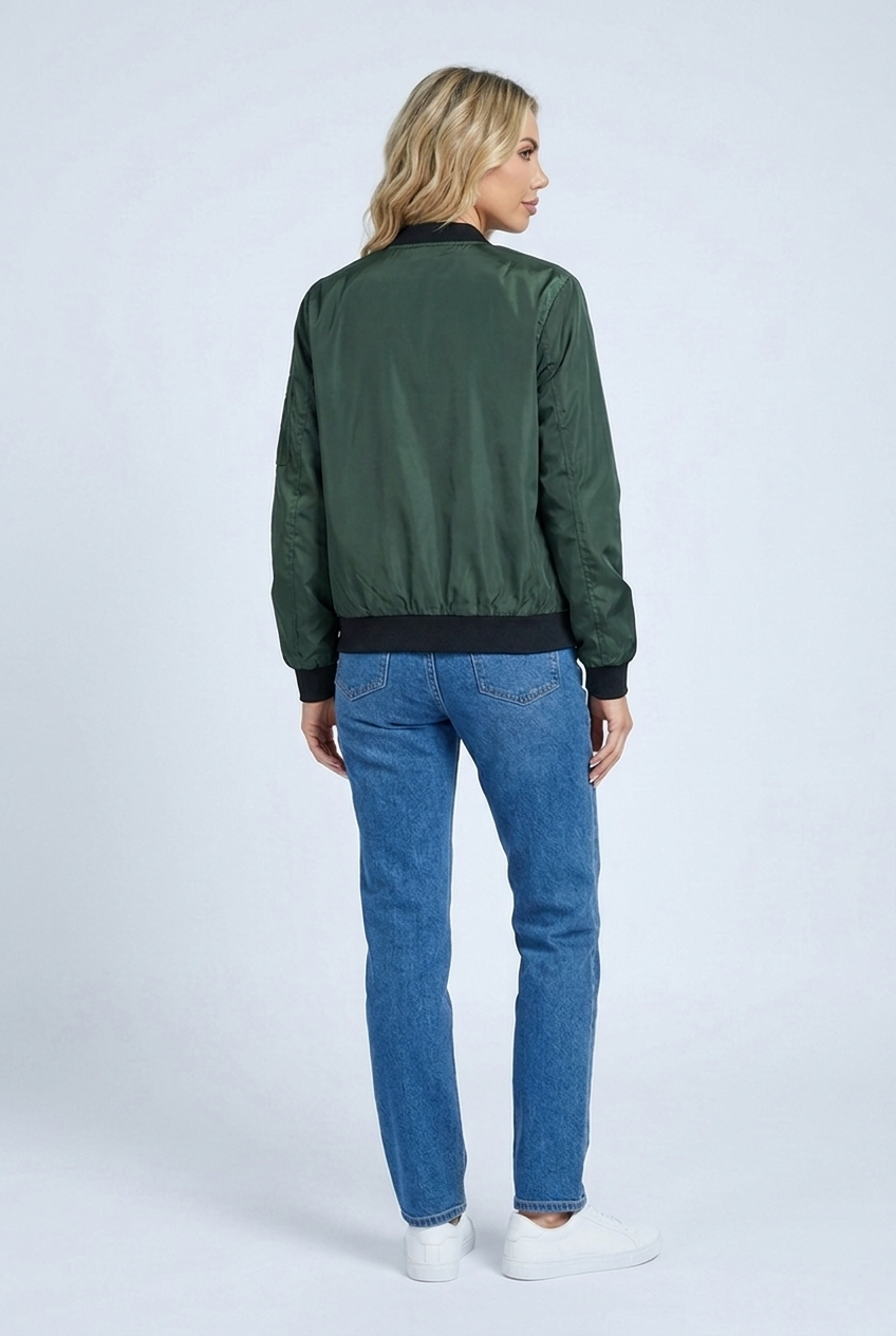 Womens zip up bomber jacket green back