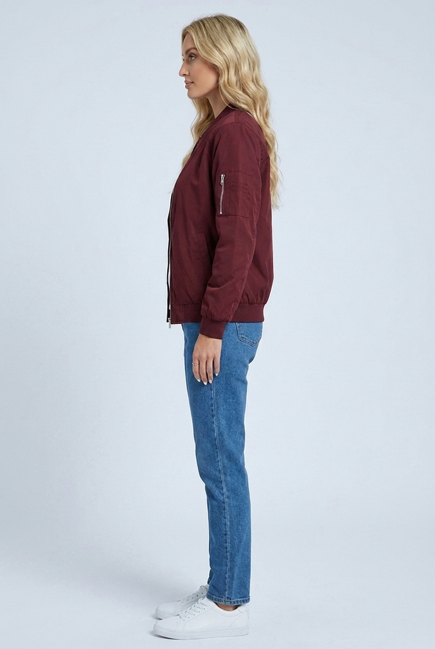 Womens zip up bomber jacket burgundy side