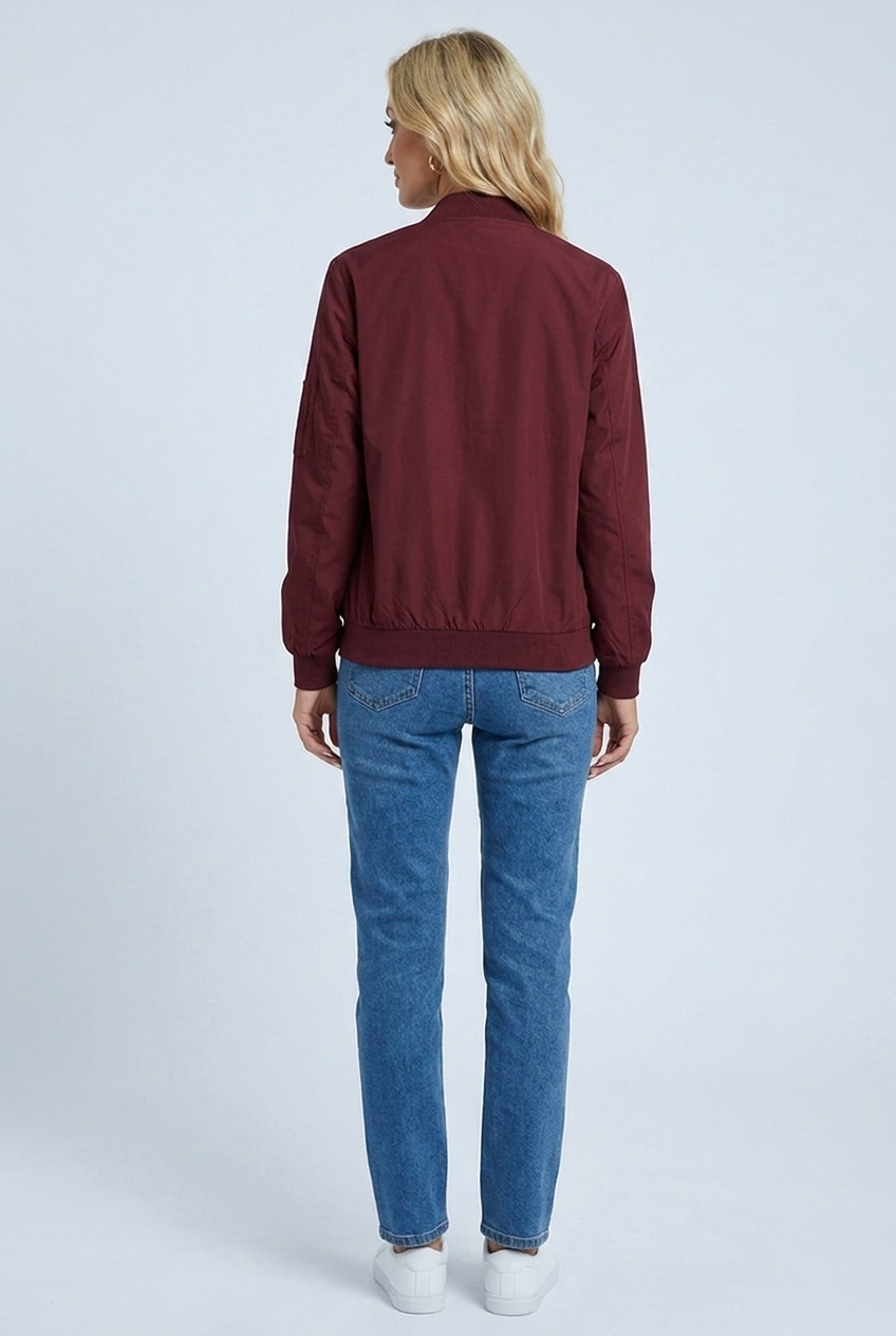 Womens zip up bomber jacket burgundy back