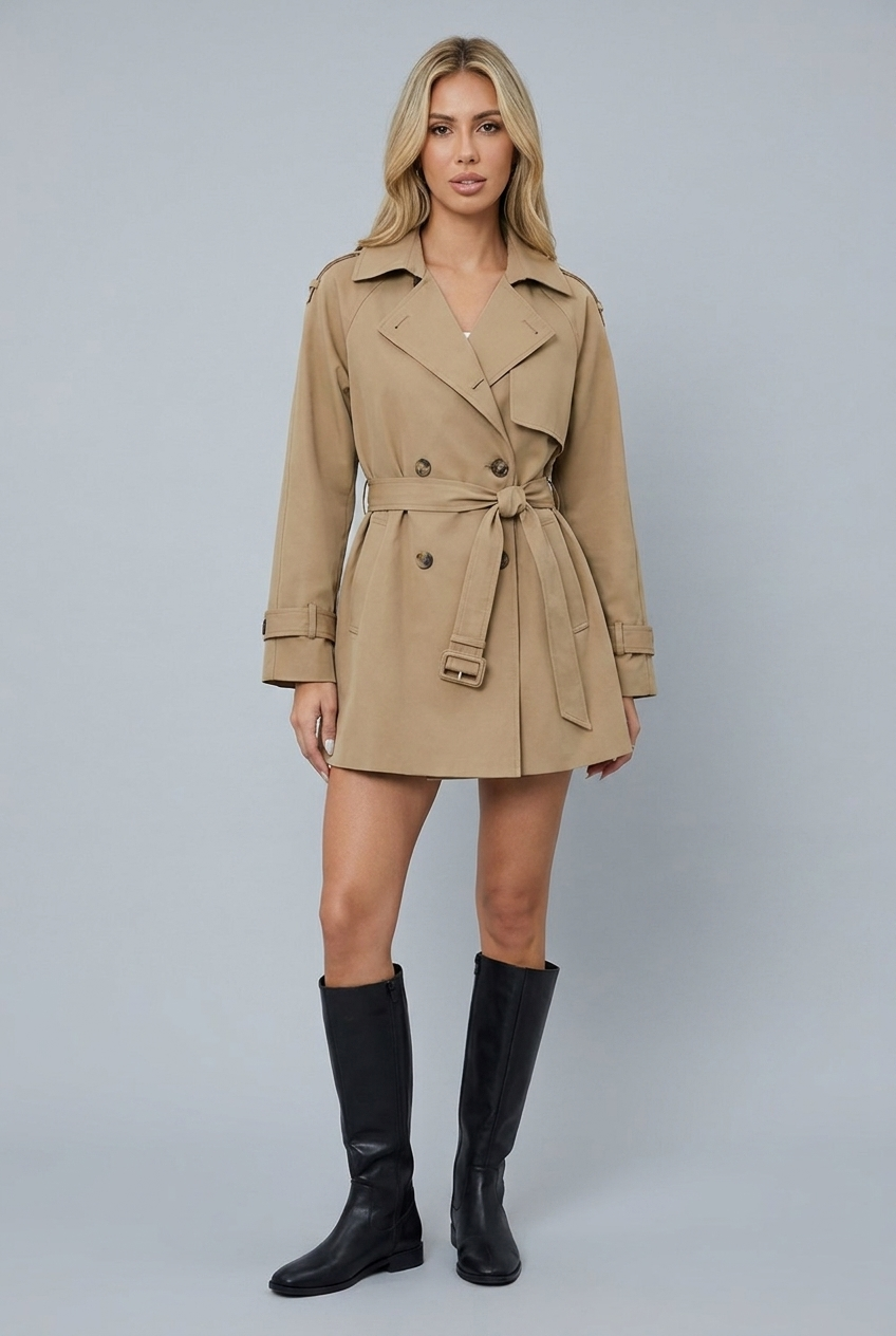 Womens belted trench coat khaki front