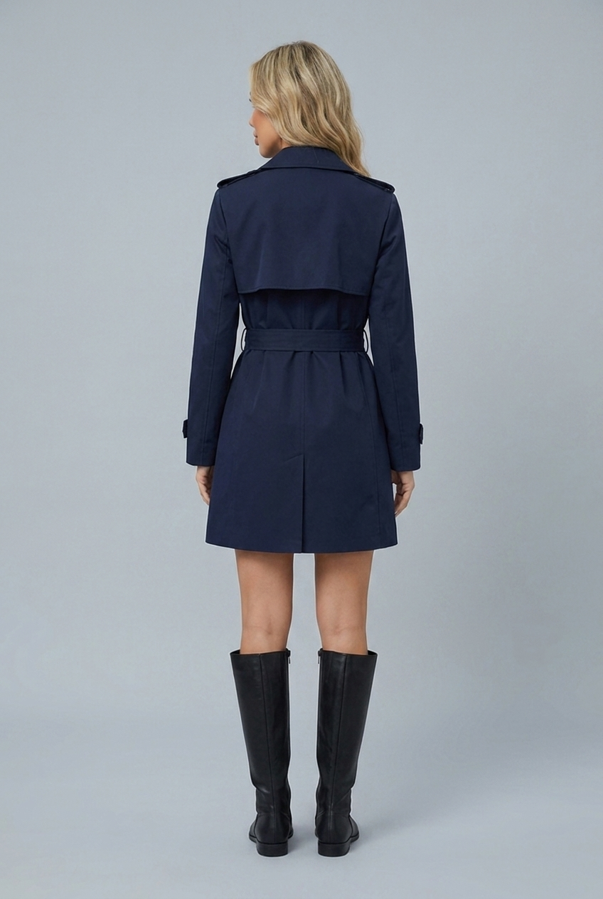 Womens belted trench coat navy back