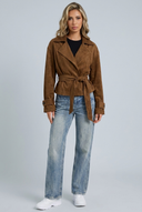 Womens brown suede belted jacket front
