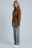 Womens brown suede belted jacket side