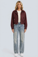 Womens wine suede moto jacket front