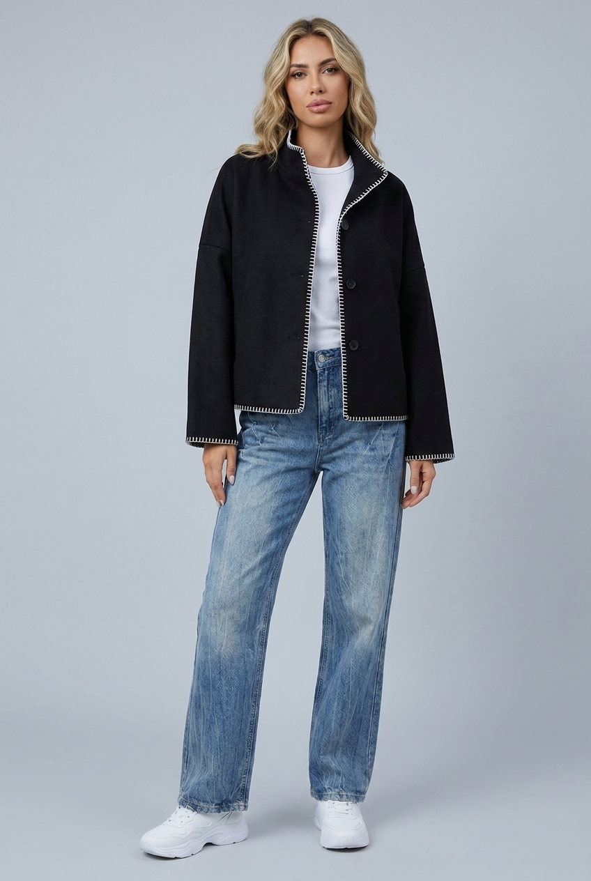 Womens cropped wool stitch jacket black front