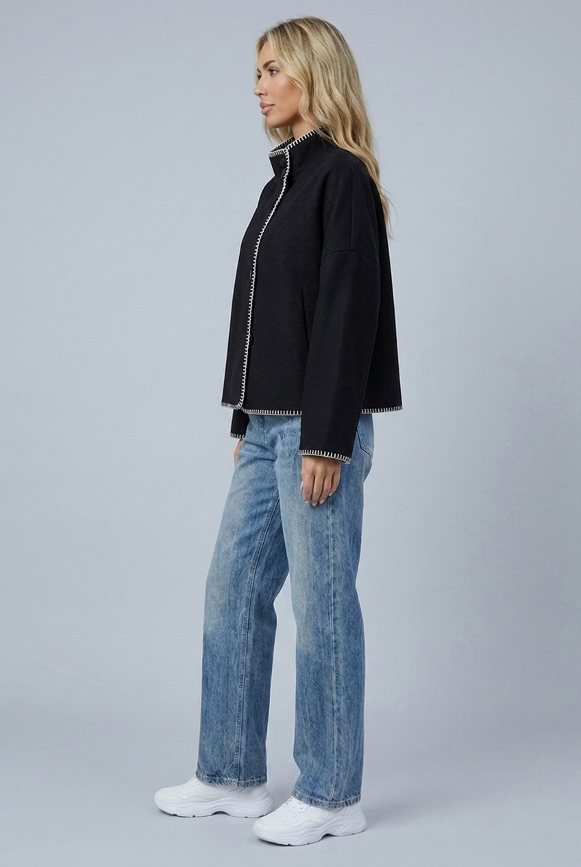 Womens cropped wool stitch jacket black side