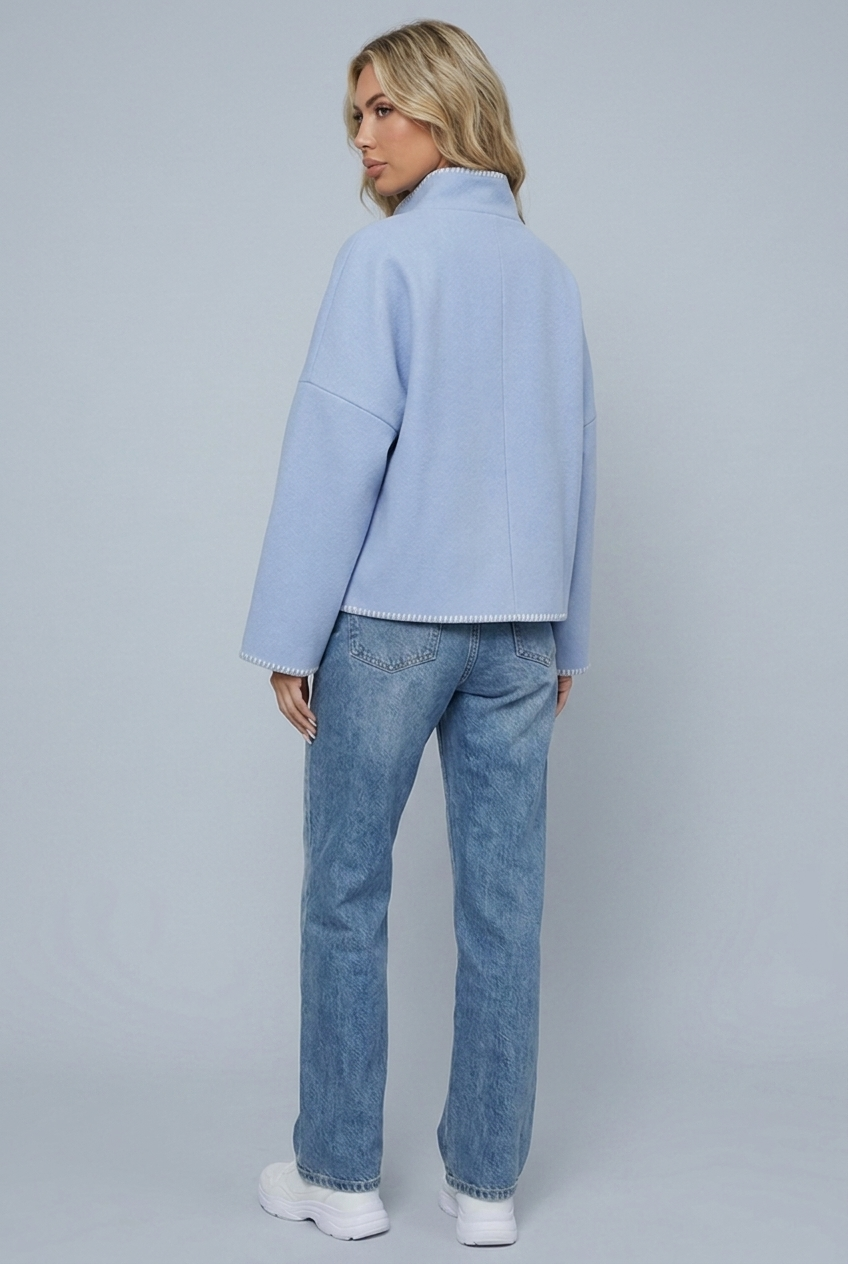 Womens cropped wool stitch jacket blue back