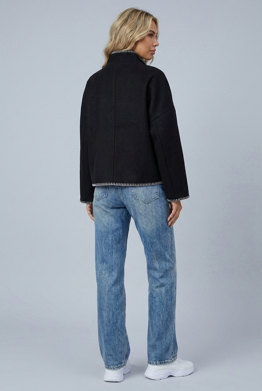 Womens cropped wool stitch jacket black back