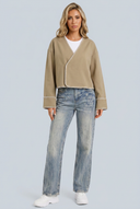 Womens cropped wrap stitch jacket khaki front
