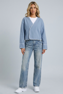 Womens cropped wrap stitch jacket blue front