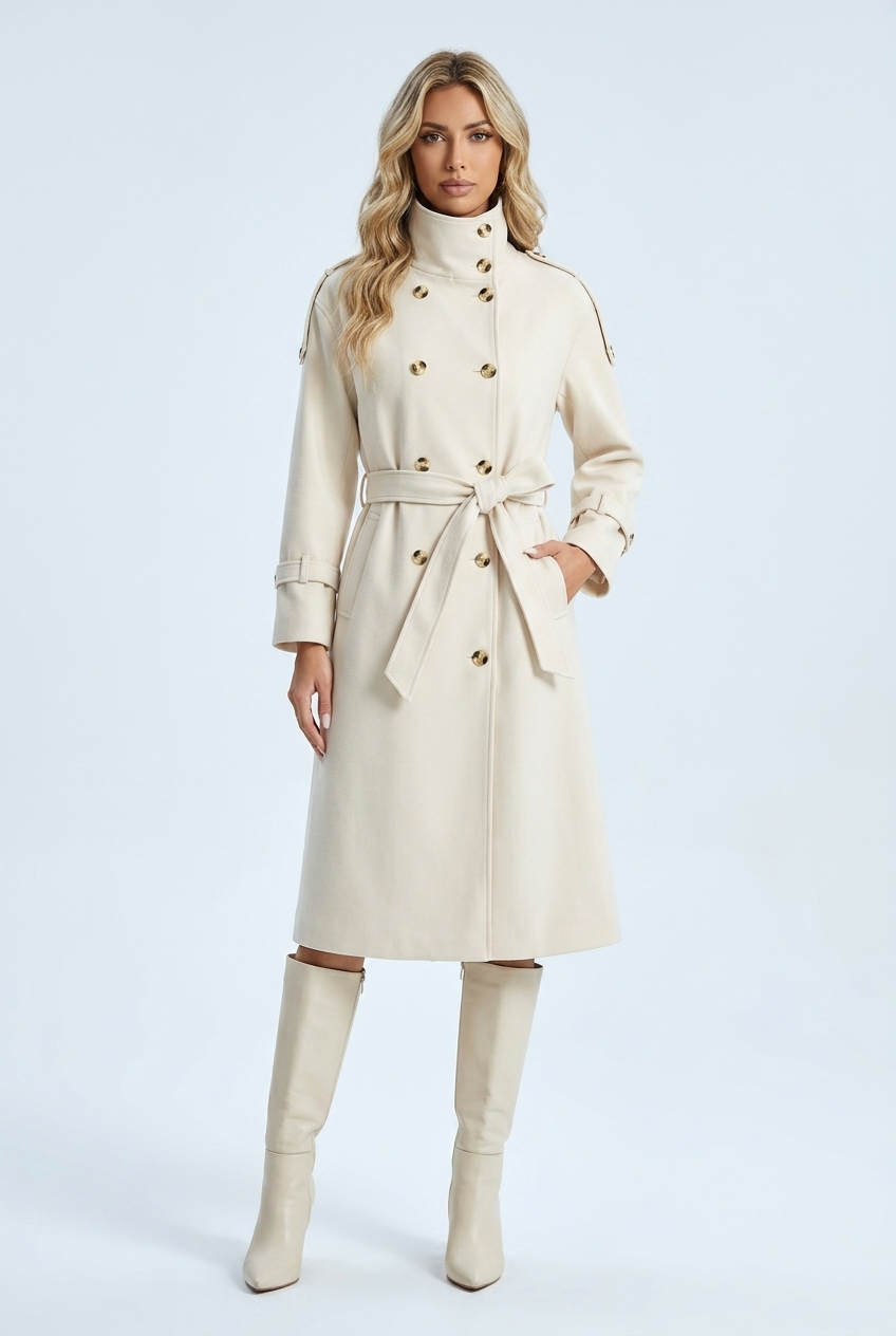 Women's cream double breasted belted trench coat