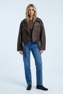Women's brown faux leather oversized cropped biker jacket