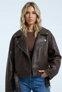 Women's brown faux leather oversized cropped biker jacket