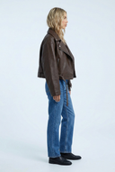 Women's brown faux leather oversized cropped biker jacket