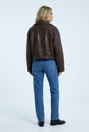 Women's brown faux leather oversized cropped biker jacket