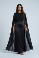Black satin cape maxi dress front