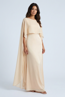Apricot satin cape maxi dress front