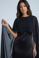 Black satin cape maxi dress closeup
