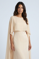 Apricot satin cape maxi dress closeup