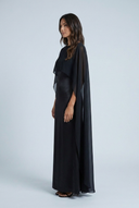 Black satin cape maxi dress side