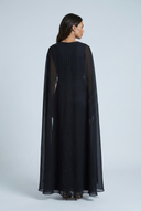Black satin cape maxi dress back