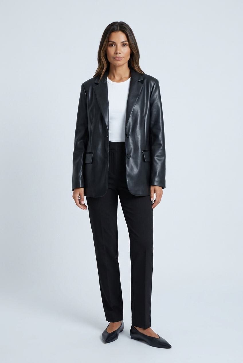 Black faux leather blazer front
