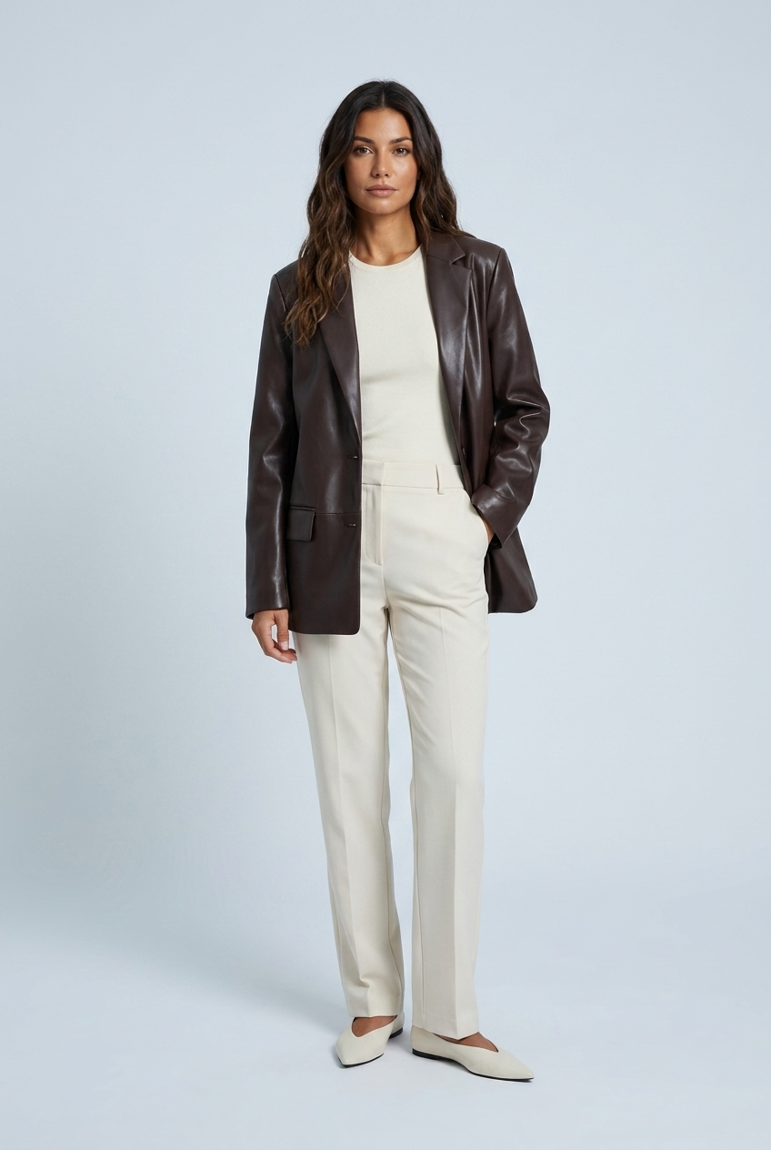 Brown faux leather blazer front