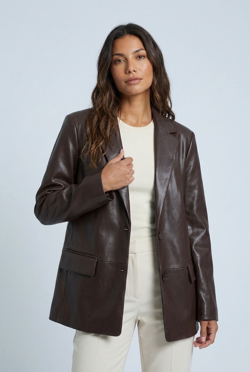 Brown faux leather blazer closeup
