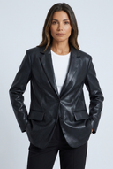 Black faux leather blazer closeup