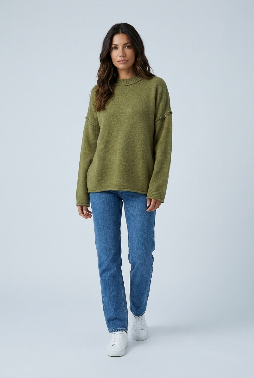 Olive oversized exposed seam knit jumper front