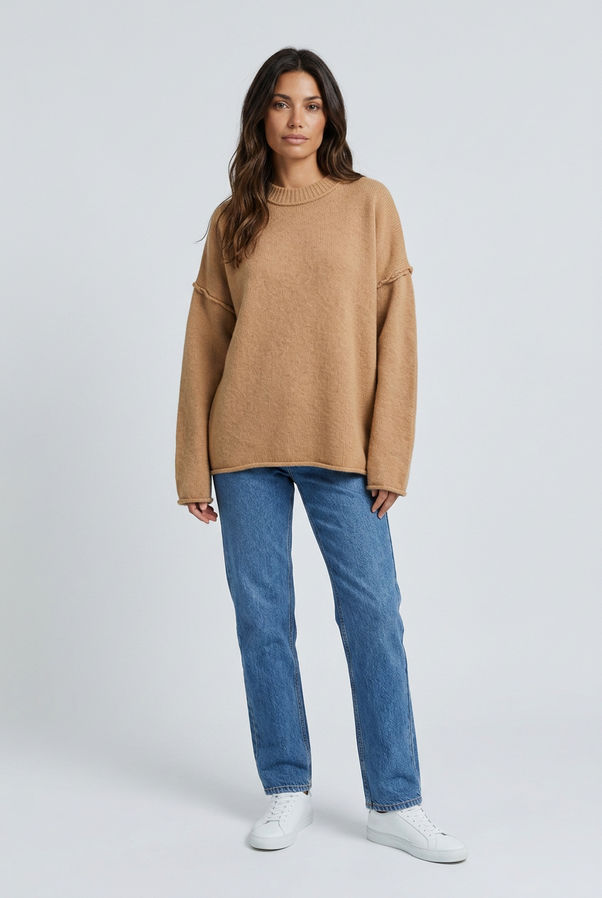 Camel oversized exposed seam knit jumper front
