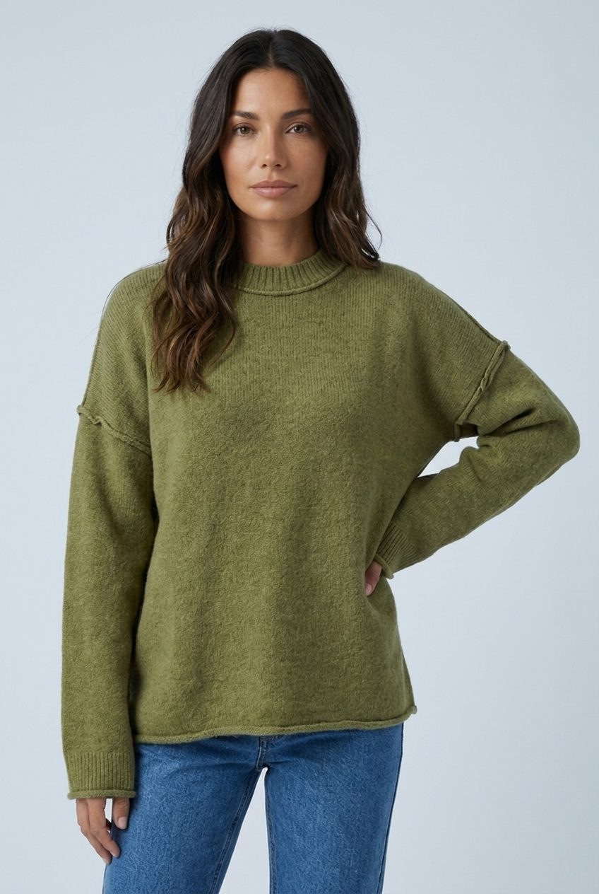 Olive oversized exposed seam knit jumper closeup
