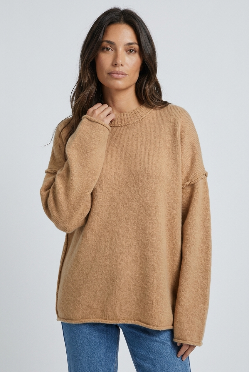 Camel oversized exposed seam knit jumper closeup