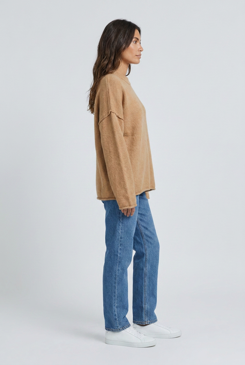 Camel oversized exposed seam knit jumper side