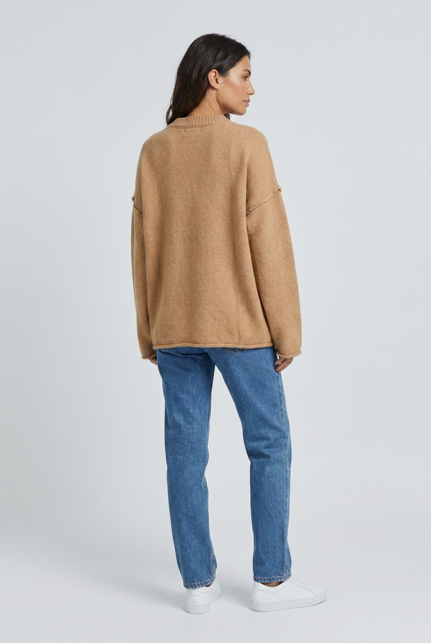 Camel oversized exposed seam knit jumper back