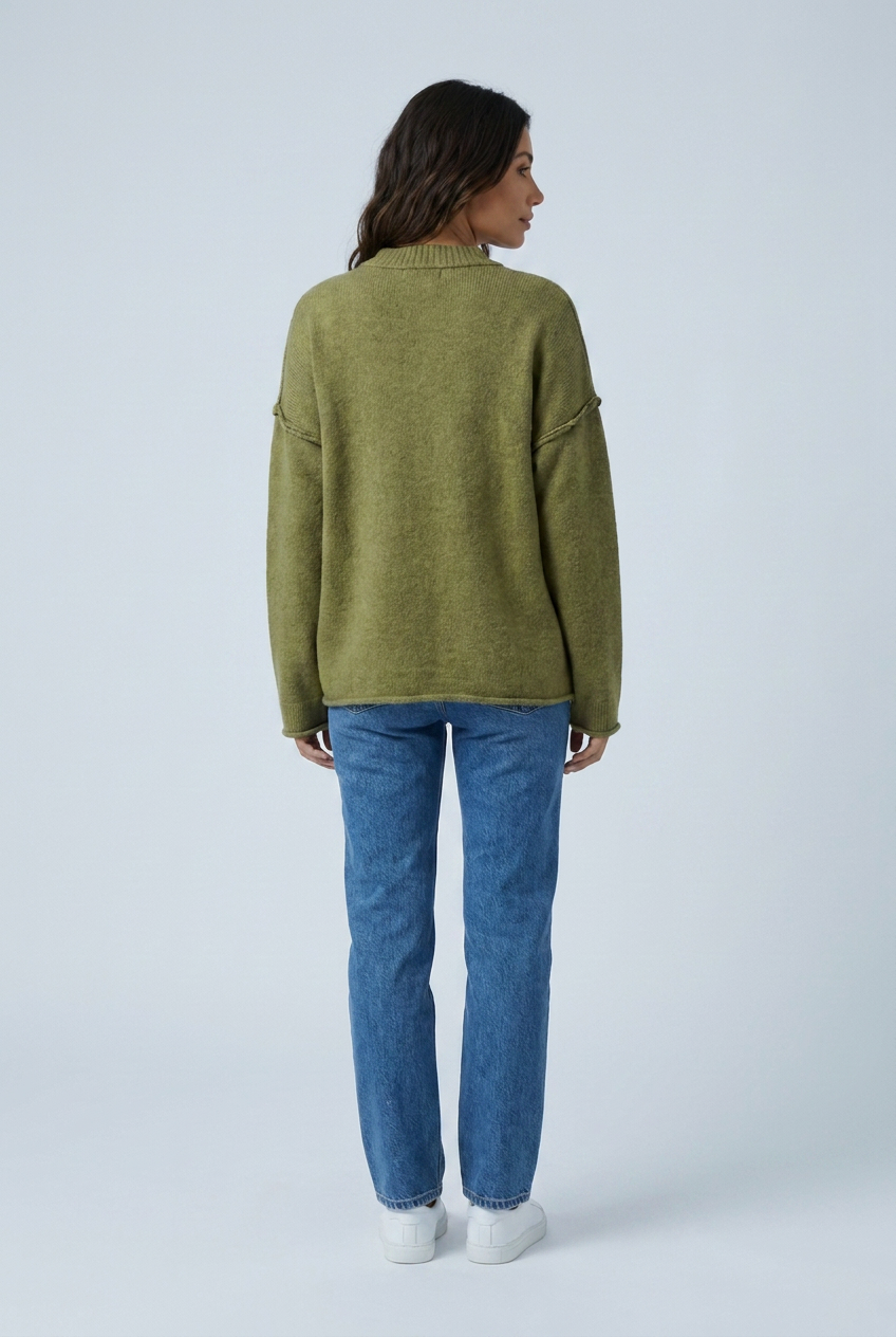 Olive oversized exposed seam knit jumper back