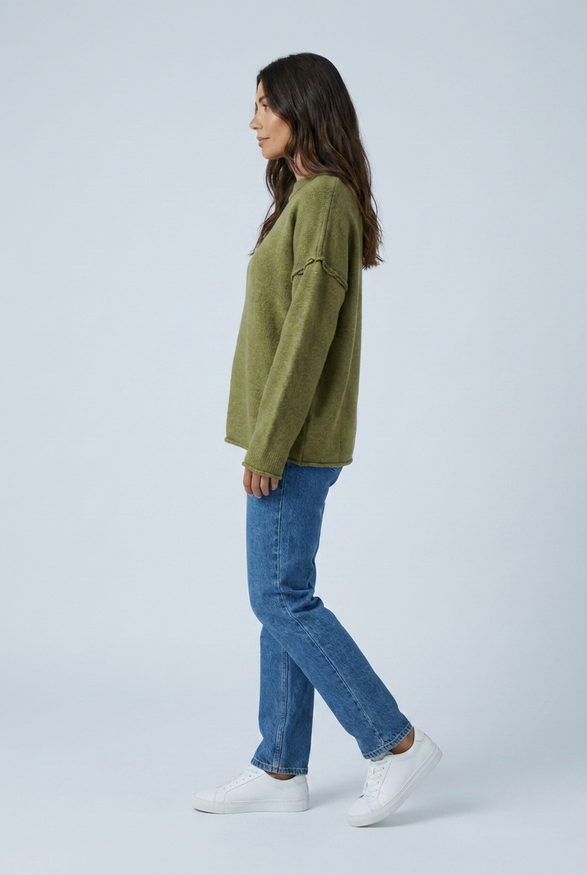 Olive oversized exposed seam knit jumper side